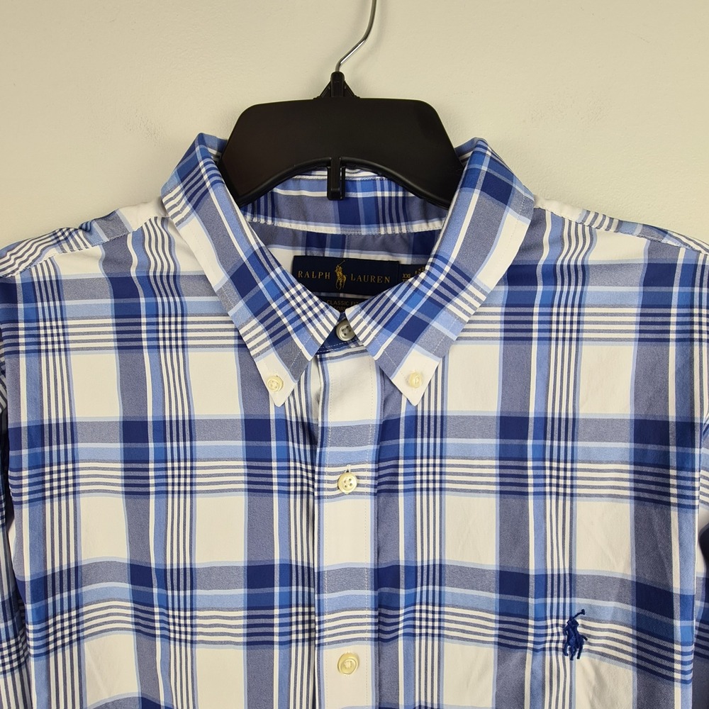 Ralph Lauren Classic Fit Performance Plaid Shirt Mens XXL Blue White Long Sleeve